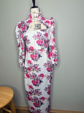 White Floral Maxi Dress with Pink & Blue Bouquet Print